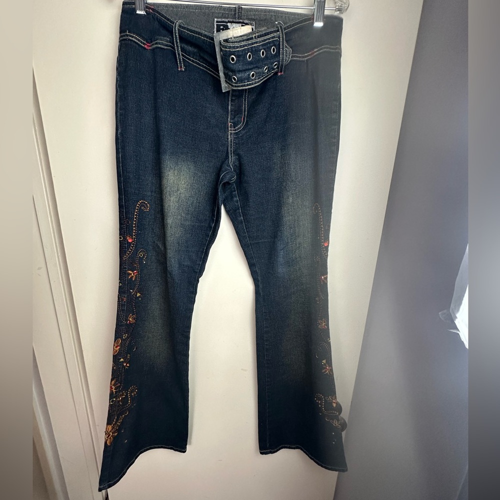 R4R Jeans Y2K Vintage Embroidered Rhinestones‎ Floral Detail Belt Flare Jeans 11